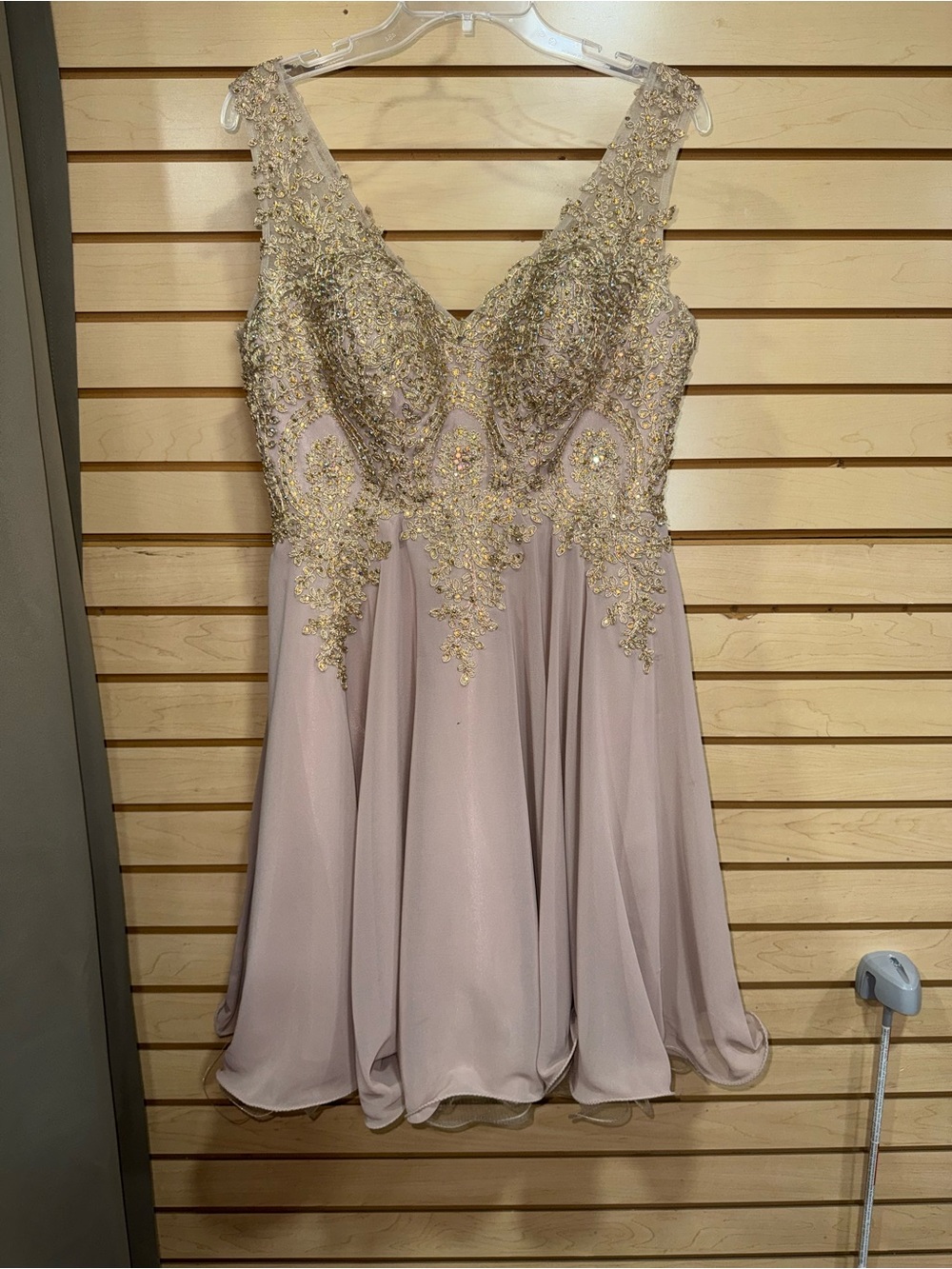 May Queen Lavender Cocktail Dress with Gold Beaded Appliqué